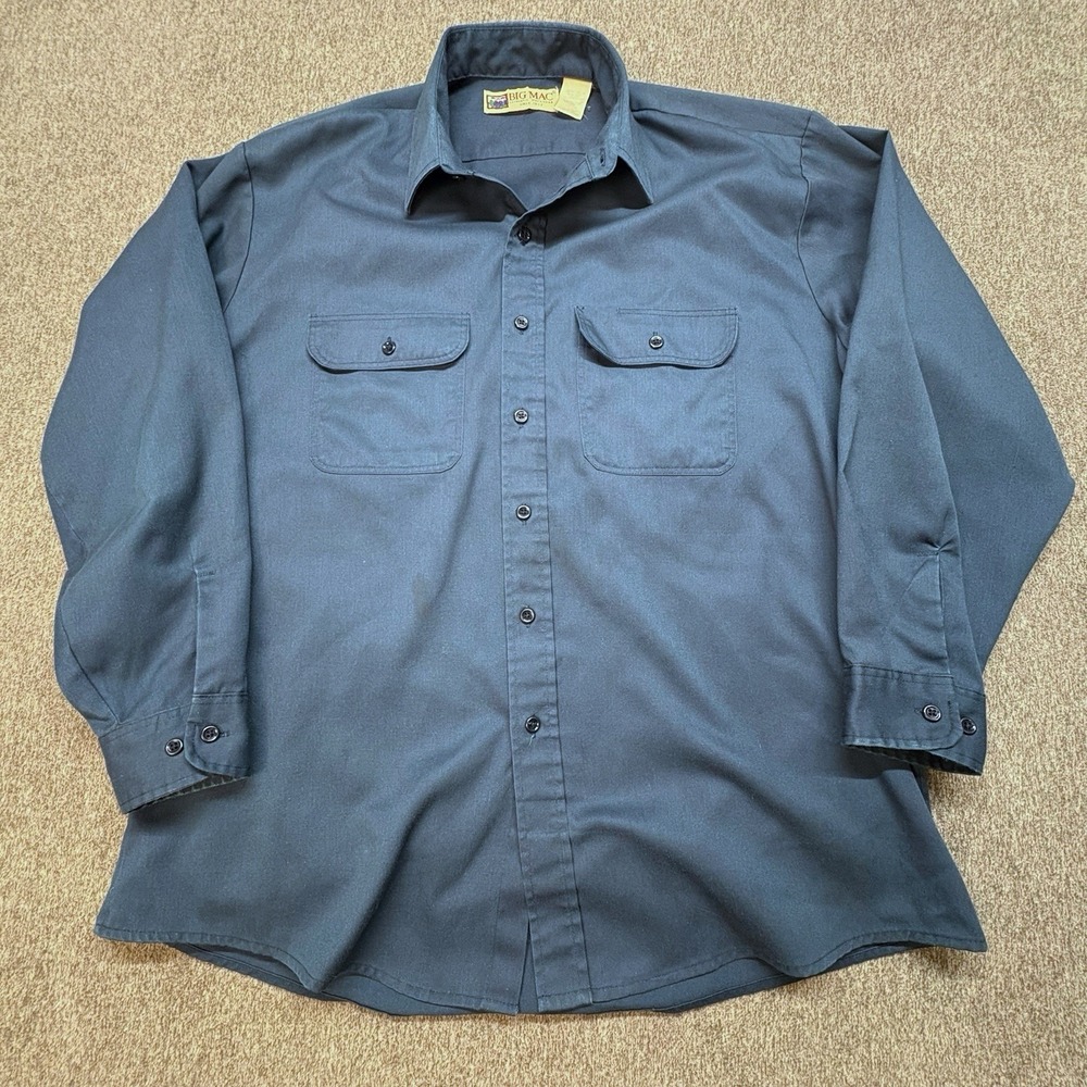 Vintage Big Mac Work Shirt Mens XL 17-17.5 Blue Button Front Long Sleeve USA